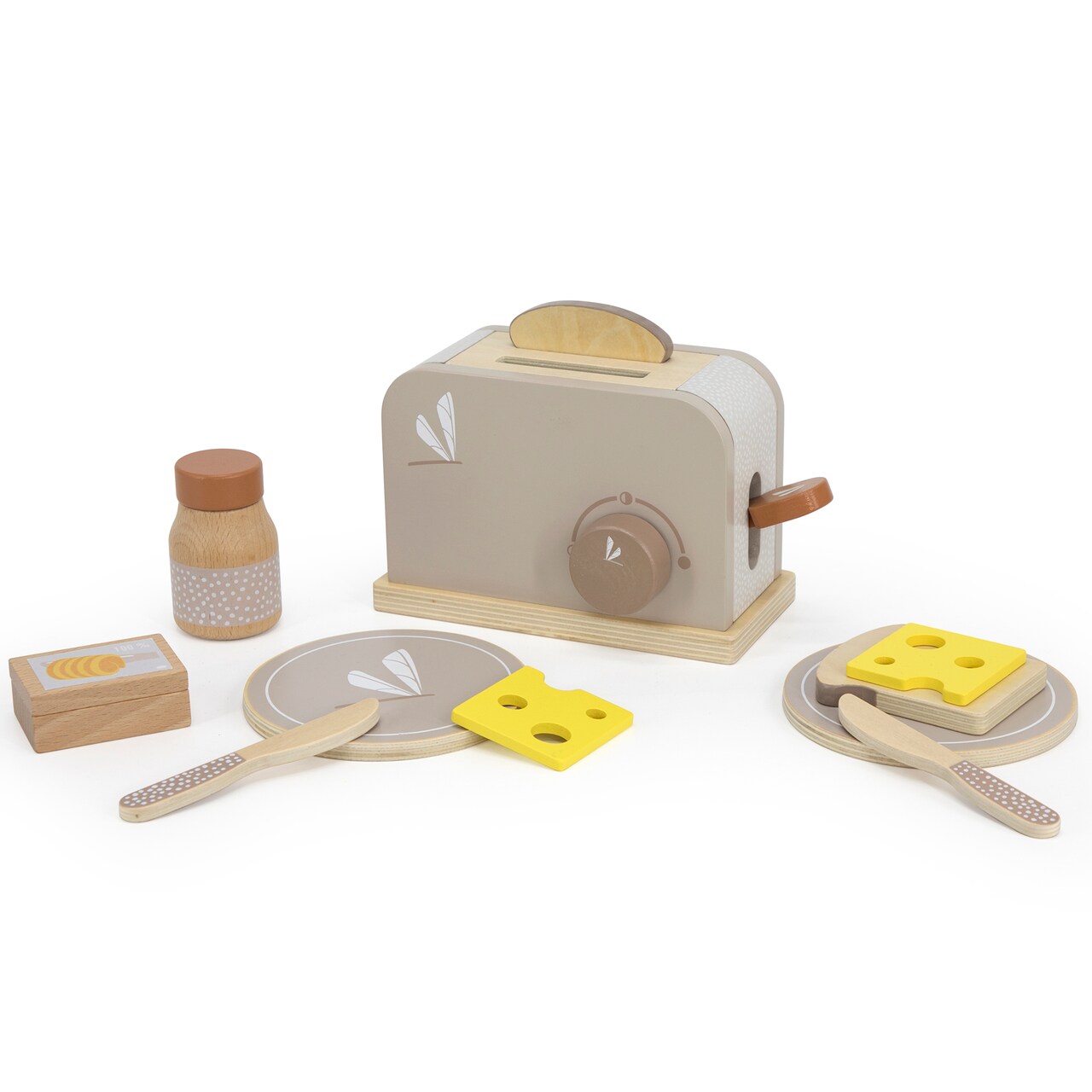 Label Label: Wooden Toaster Play Set - Tan - Kitchen Appliance Toy, 10 Cooking & Food Accessories, Pop-Up Feature, Dragonfly Design, Kids Ages 3+